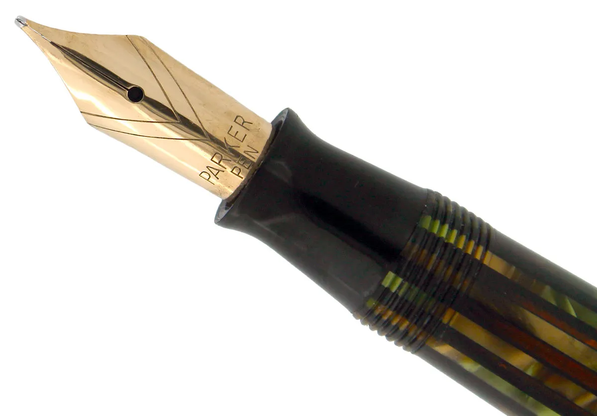 1946 PARKER STRIPED SENIOR DUOFOLD GREEN GOLD CELLULOID FOUNTAIN PEN RESTORED