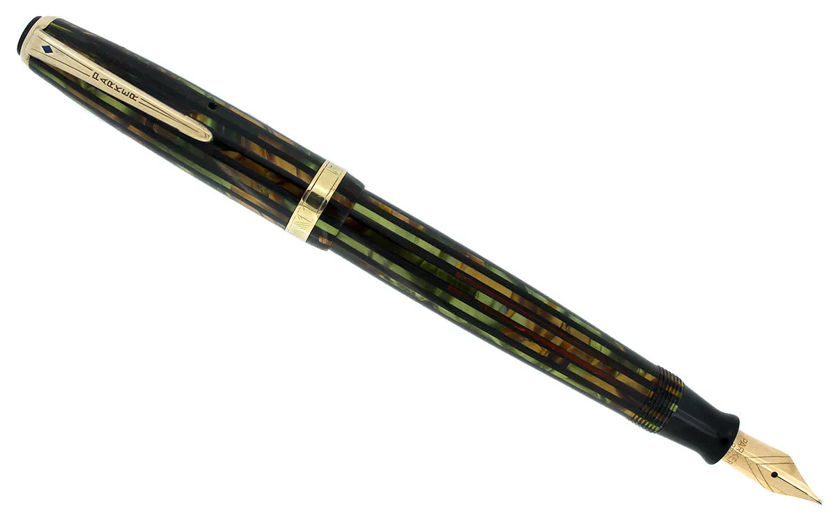 1946 PARKER STRIPED SENIOR DUOFOLD GREEN GOLD CELLULOID FOUNTAIN PEN RESTORED