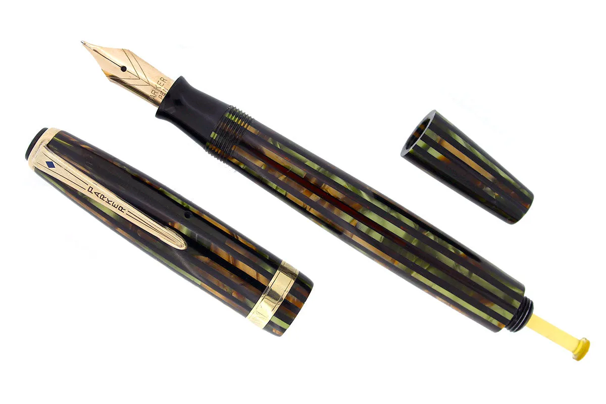 1946 PARKER STRIPED SENIOR DUOFOLD GREEN GOLD CELLULOID FOUNTAIN PEN RESTORED