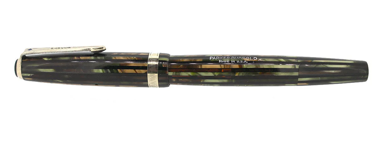 1946 PARKER STRIPED SENIOR DUOFOLD GREEN GOLD CELLULOID FOUNTAIN PEN RESTORED