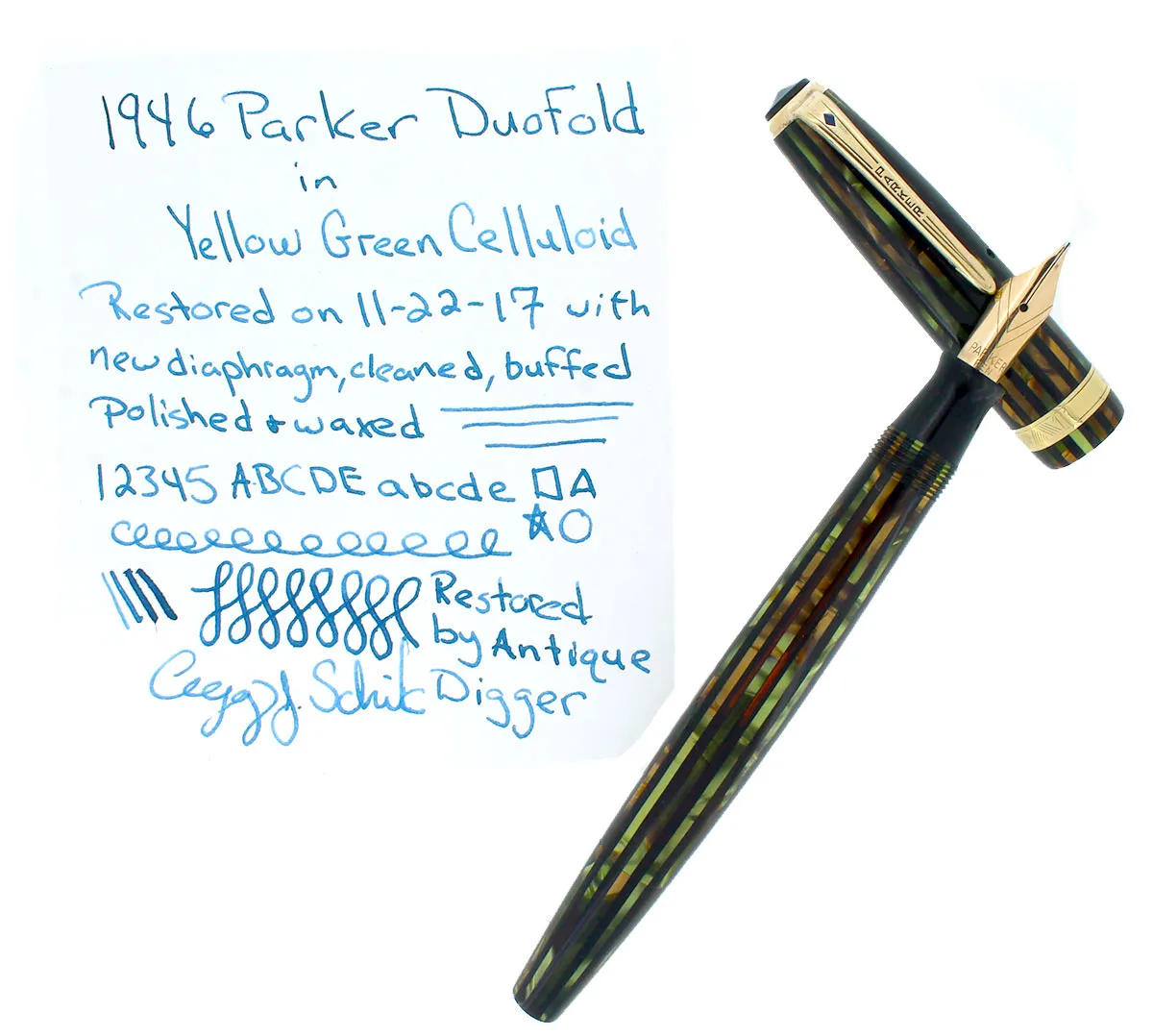 1946 PARKER STRIPED SENIOR DUOFOLD GREEN GOLD CELLULOID FOUNTAIN PEN RESTORED