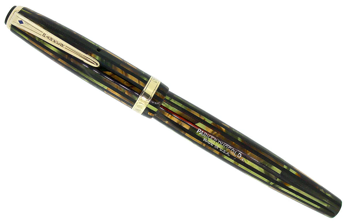 1946 PARKER STRIPED SENIOR DUOFOLD GREEN GOLD CELLULOID FOUNTAIN PEN RESTORED