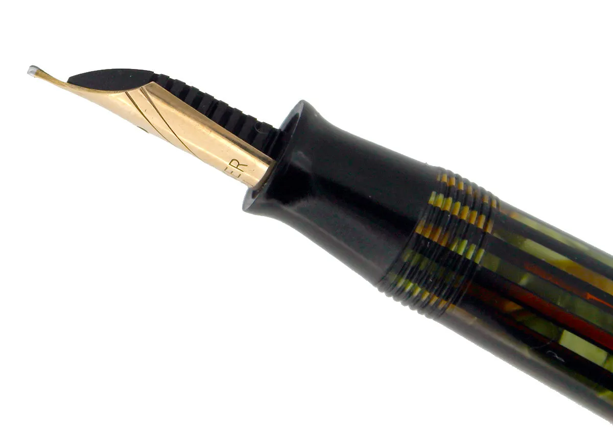 1946 PARKER STRIPED SENIOR DUOFOLD GREEN GOLD CELLULOID FOUNTAIN PEN RESTORED