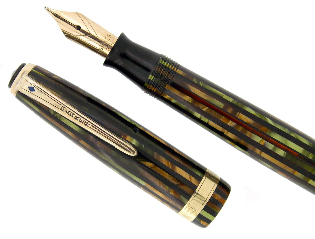 1946 PARKER STRIPED SENIOR DUOFOLD GREEN GOLD CELLULOID FOUNTAIN PEN RESTORED