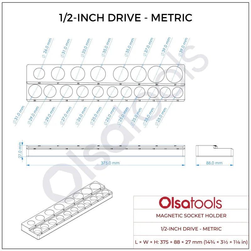 2-Row Magnetic Socket Holder Marked With Socket Sizes