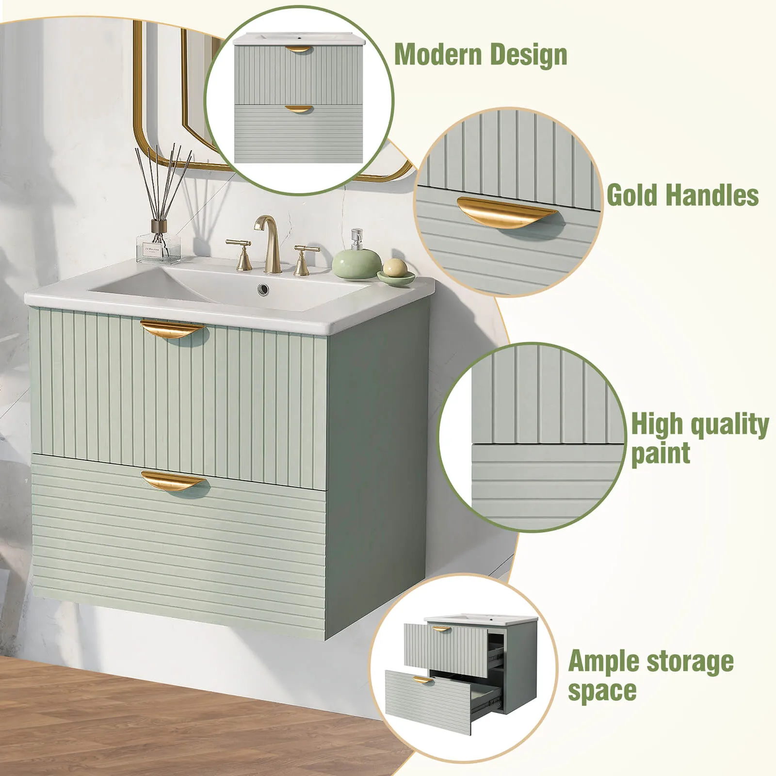 24" Sage Green Floating Bathroom Vanity with Sink