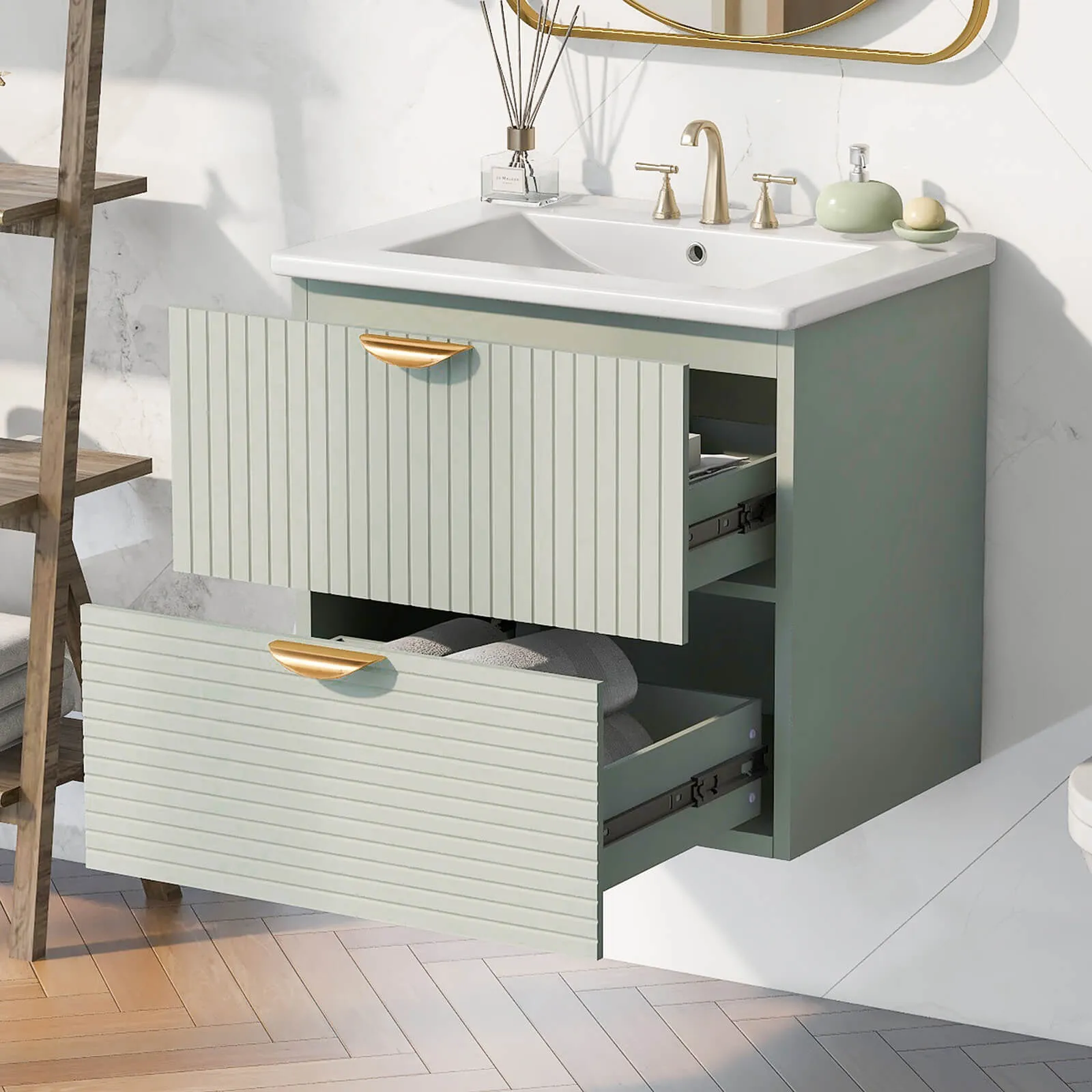 24" Sage Green Floating Bathroom Vanity with Sink