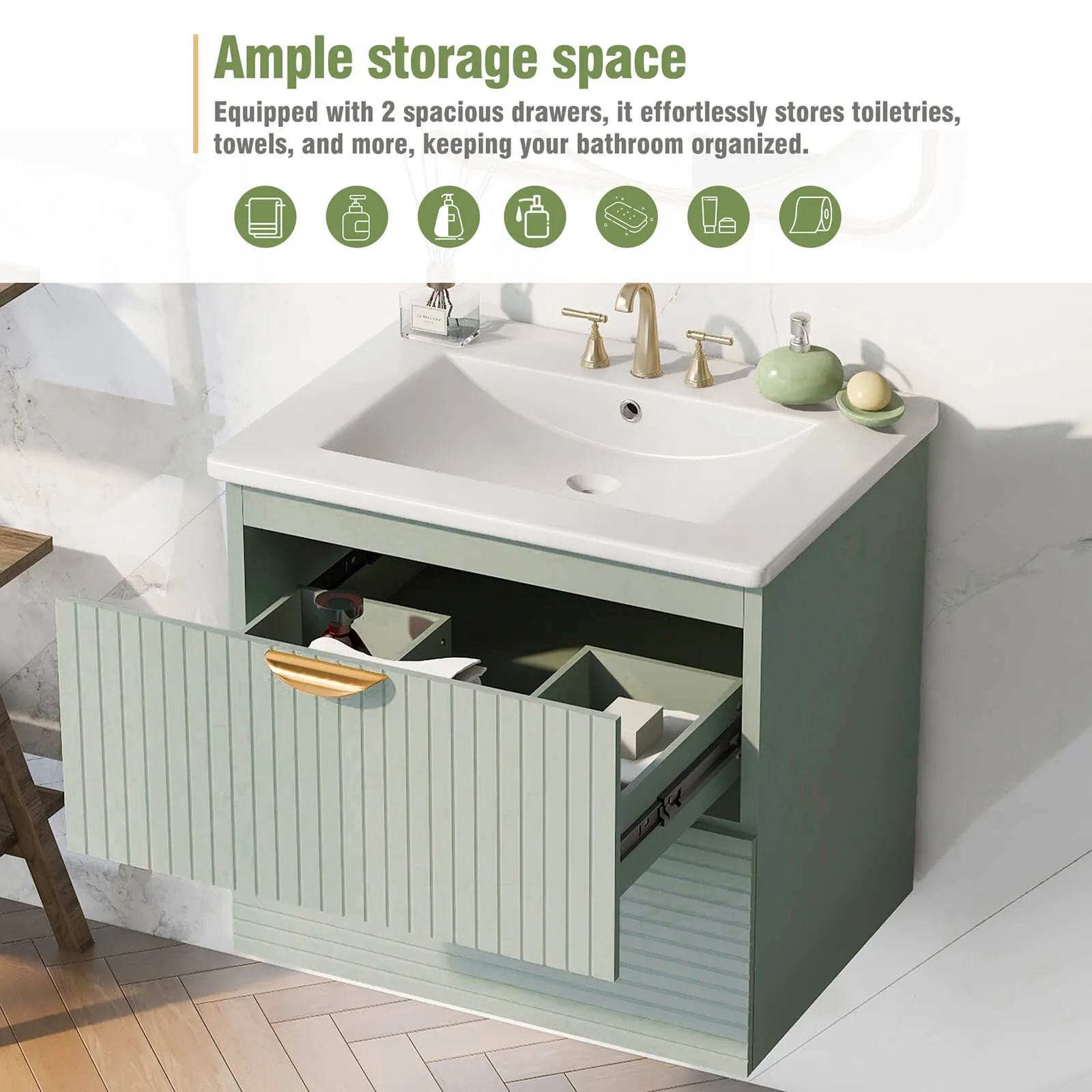 24" Sage Green Floating Bathroom Vanity with Sink