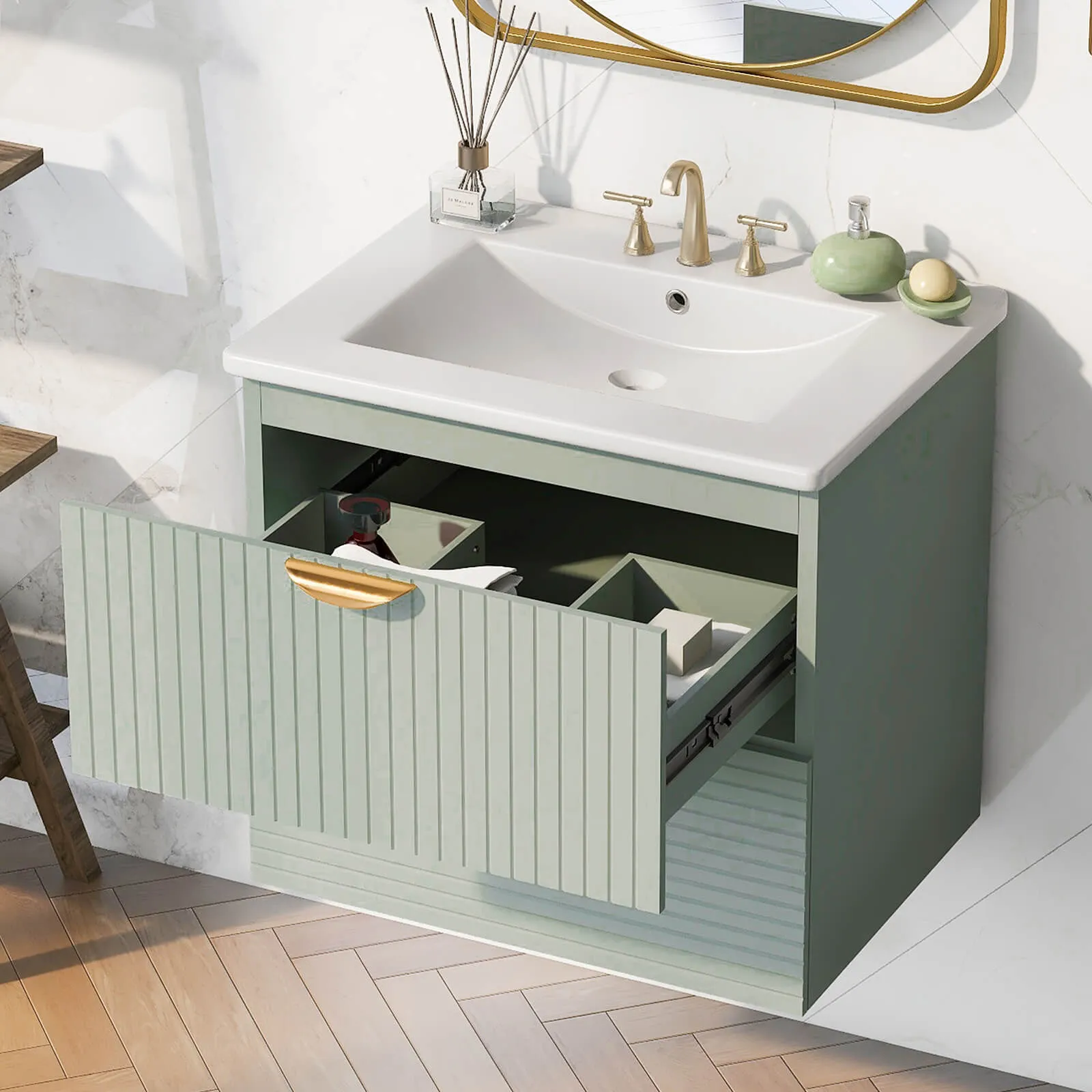 24" Sage Green Floating Bathroom Vanity with Sink