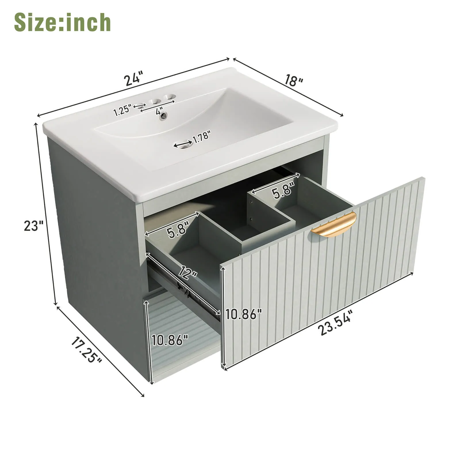 24" Sage Green Floating Bathroom Vanity with Sink