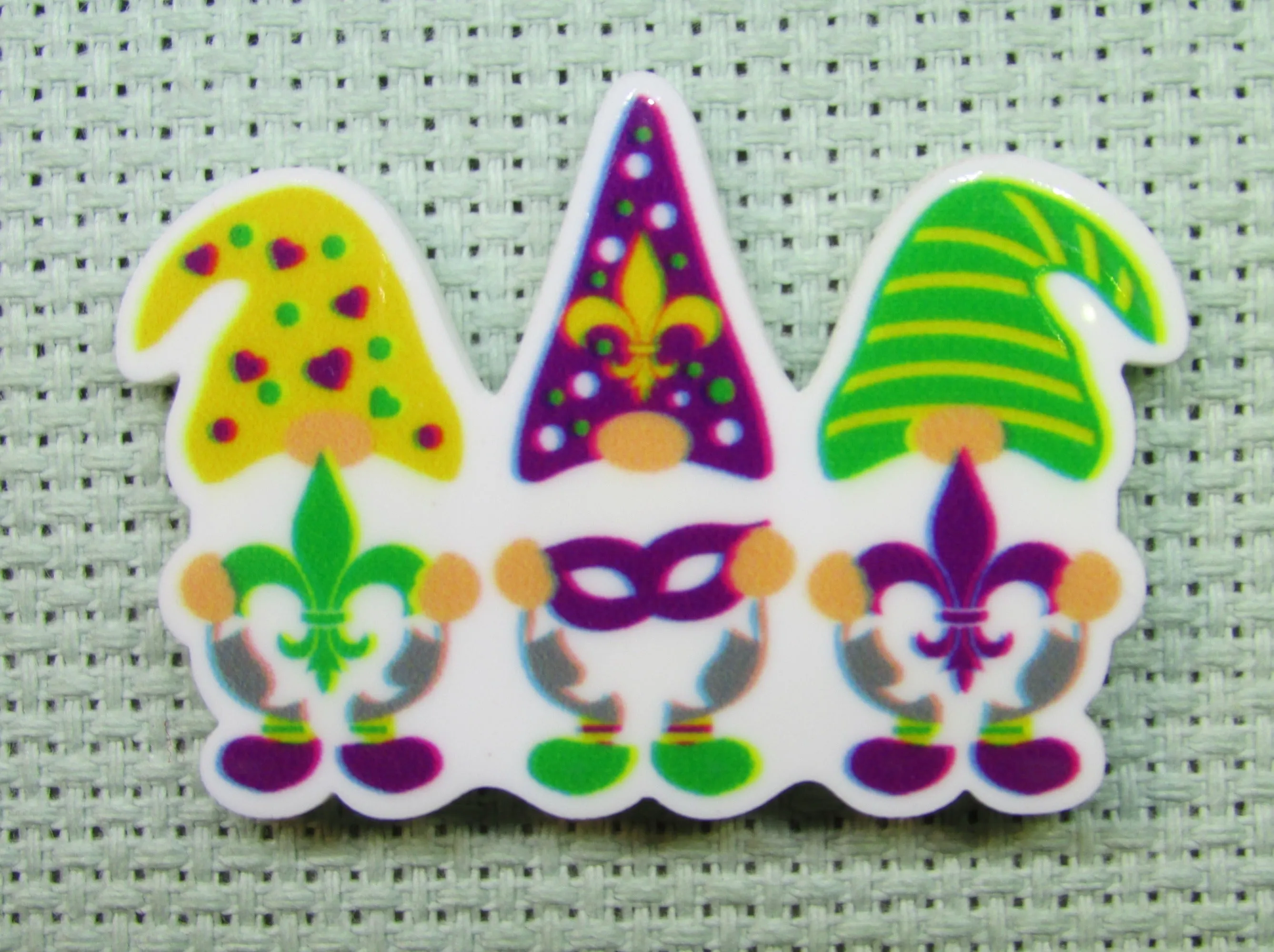 A Trio of Mardi Gras Gnomes Needle Minder, Cover Minder, Magnet