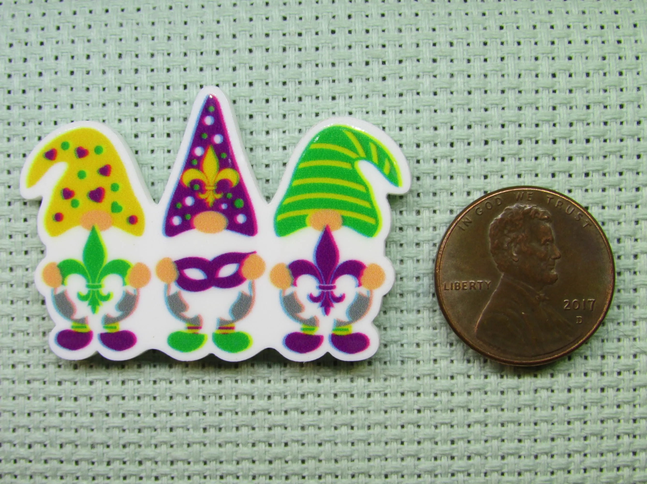 A Trio of Mardi Gras Gnomes Needle Minder, Cover Minder, Magnet