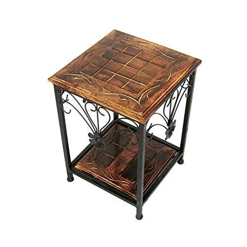 Aayat Enterprises Iron Frame Bedside table Handmade Square 11x11x18 Inch Coffee Table/Nesting Table/Side Table/Center Table with wooden Top for Living Room/Drawing Room/Balcony Black & Brown