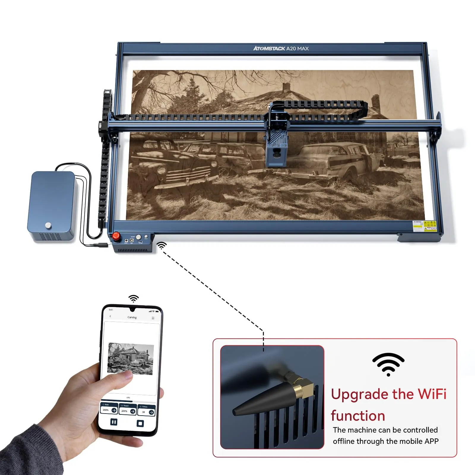 Atomstack A20 S20 Max 20W Large Laser Engraving Machine Eye Protection Auto Focus Tank Chain Control With F30 Air Assist Larger Working Area 850x400mm with FB2 PLus Protective Cover With D2 Air Purifier