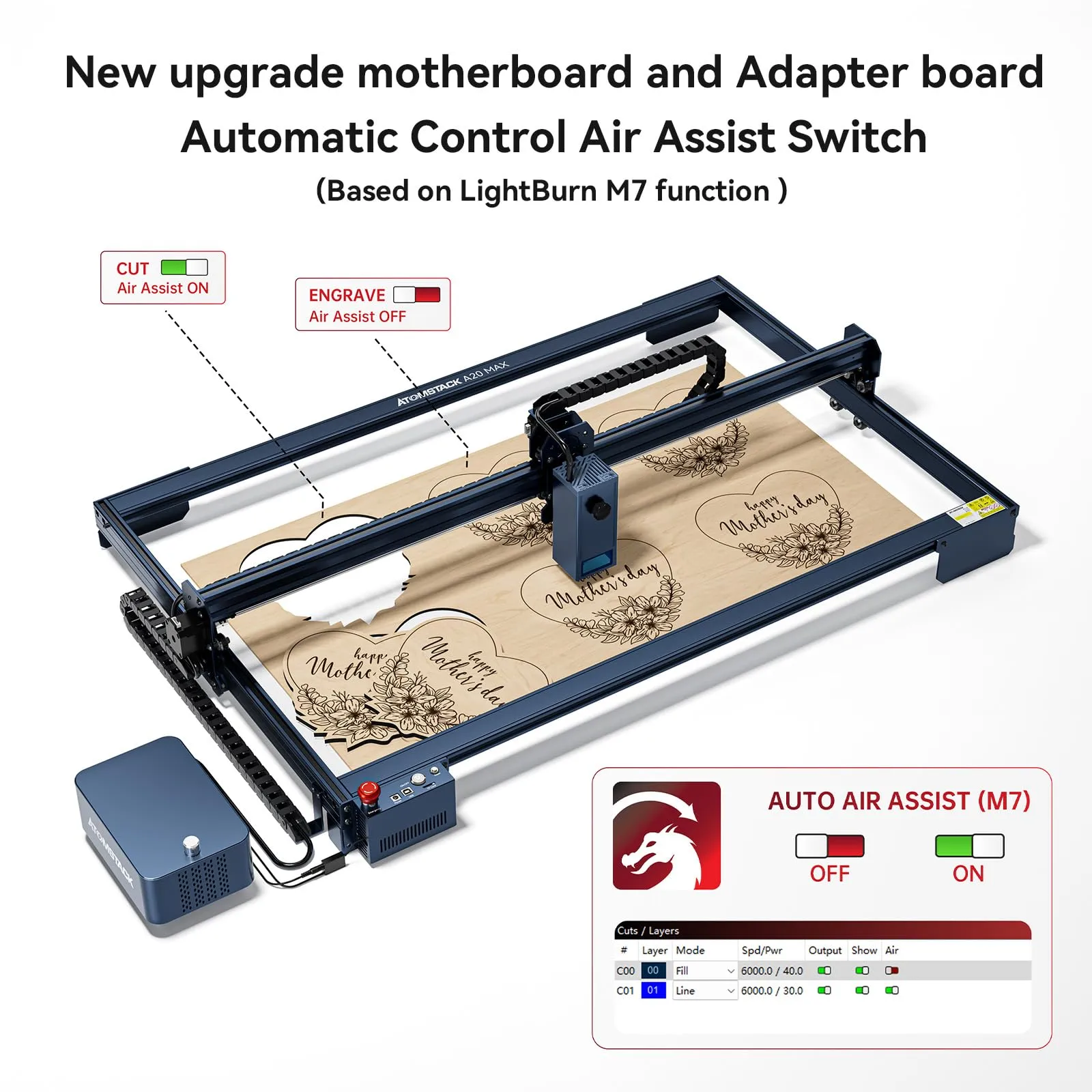 Atomstack A20 S20 Max 20W Large Laser Engraving Machine Eye Protection Auto Focus Tank Chain Control With F30 Air Assist Larger Working Area 850x400mm with FB2 PLus Protective Cover With D2 Air Purifier