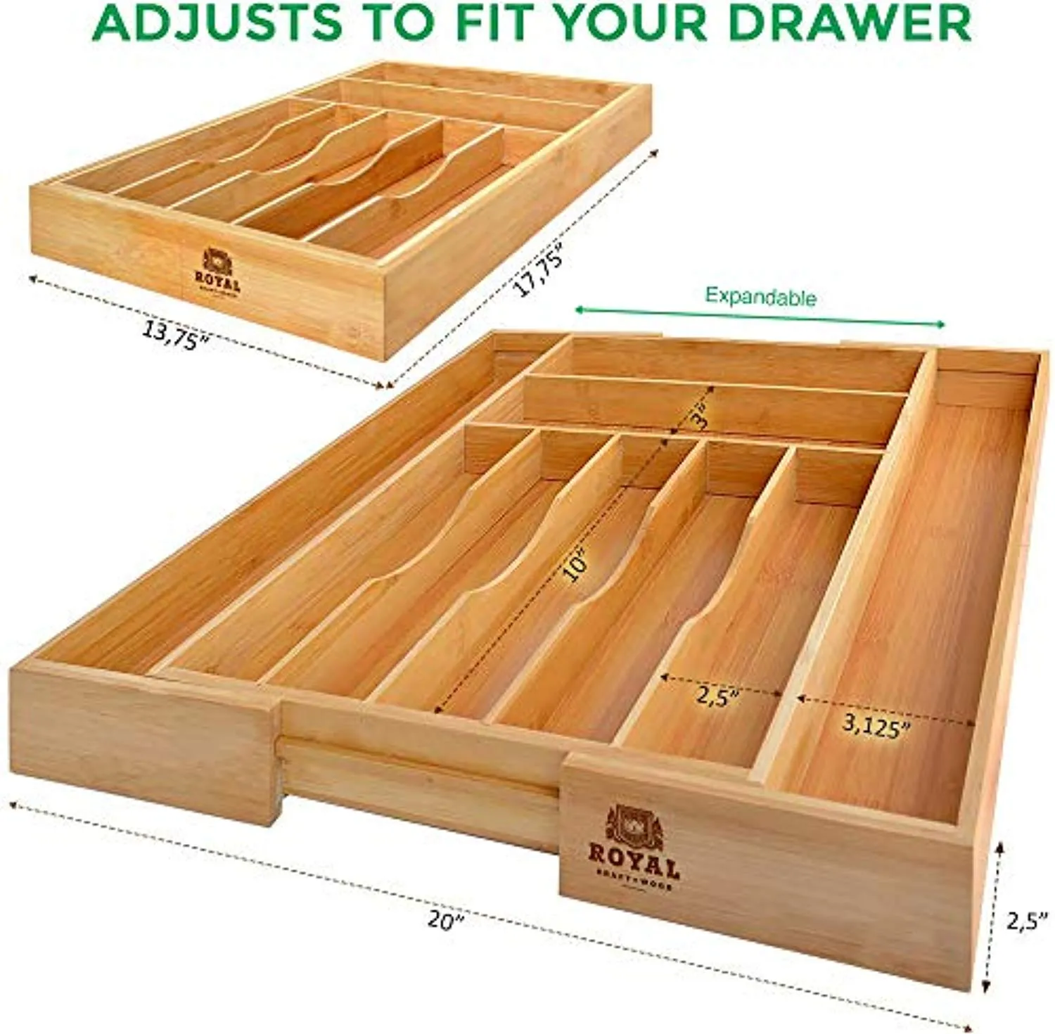 Bamboo Kitchen Drawer Organizer,  Utensil Holder and Cutlery Tray