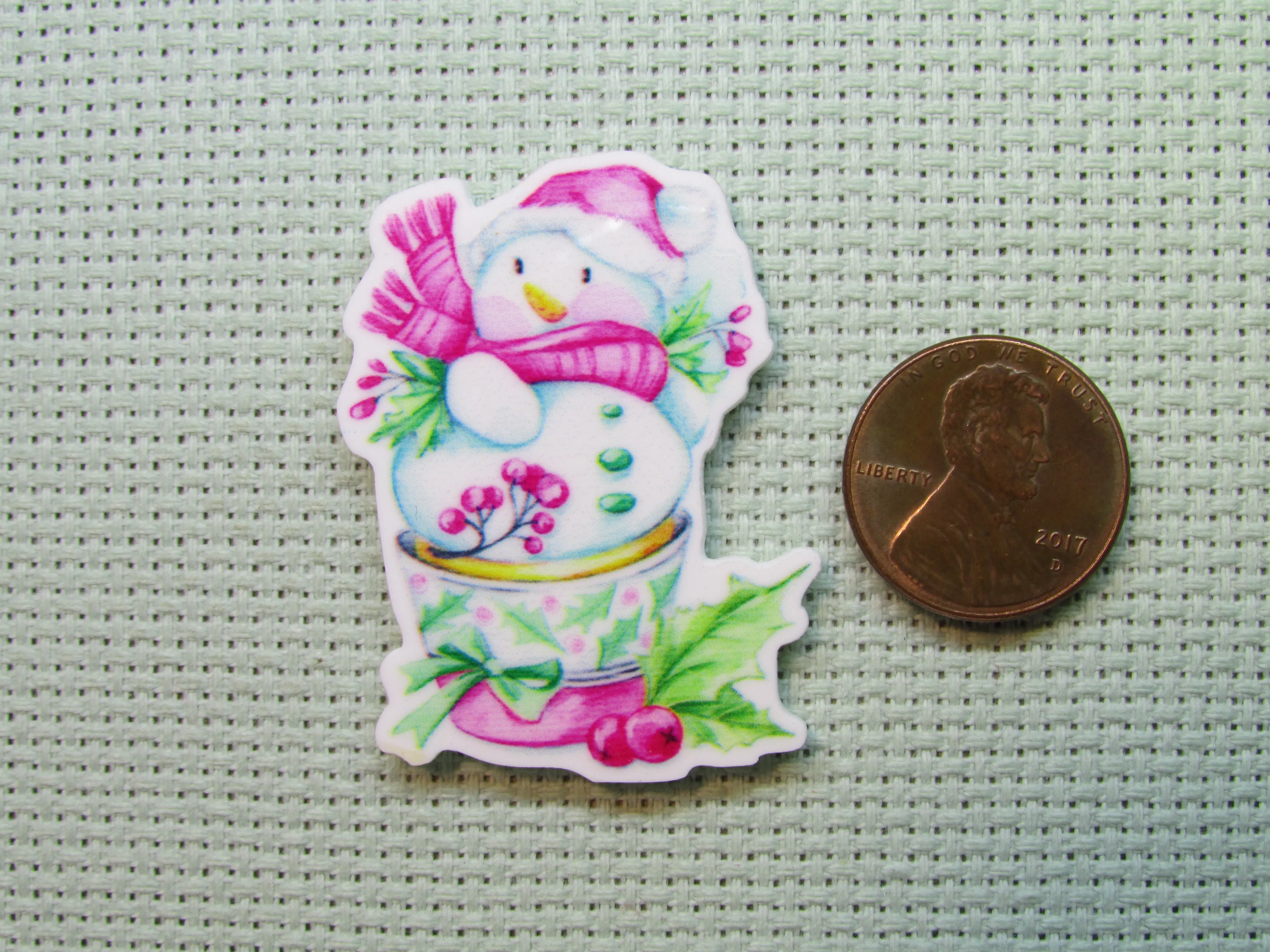 Beautiful Snowman in a Teacup Needle Minder, Cover Minder, Magnet