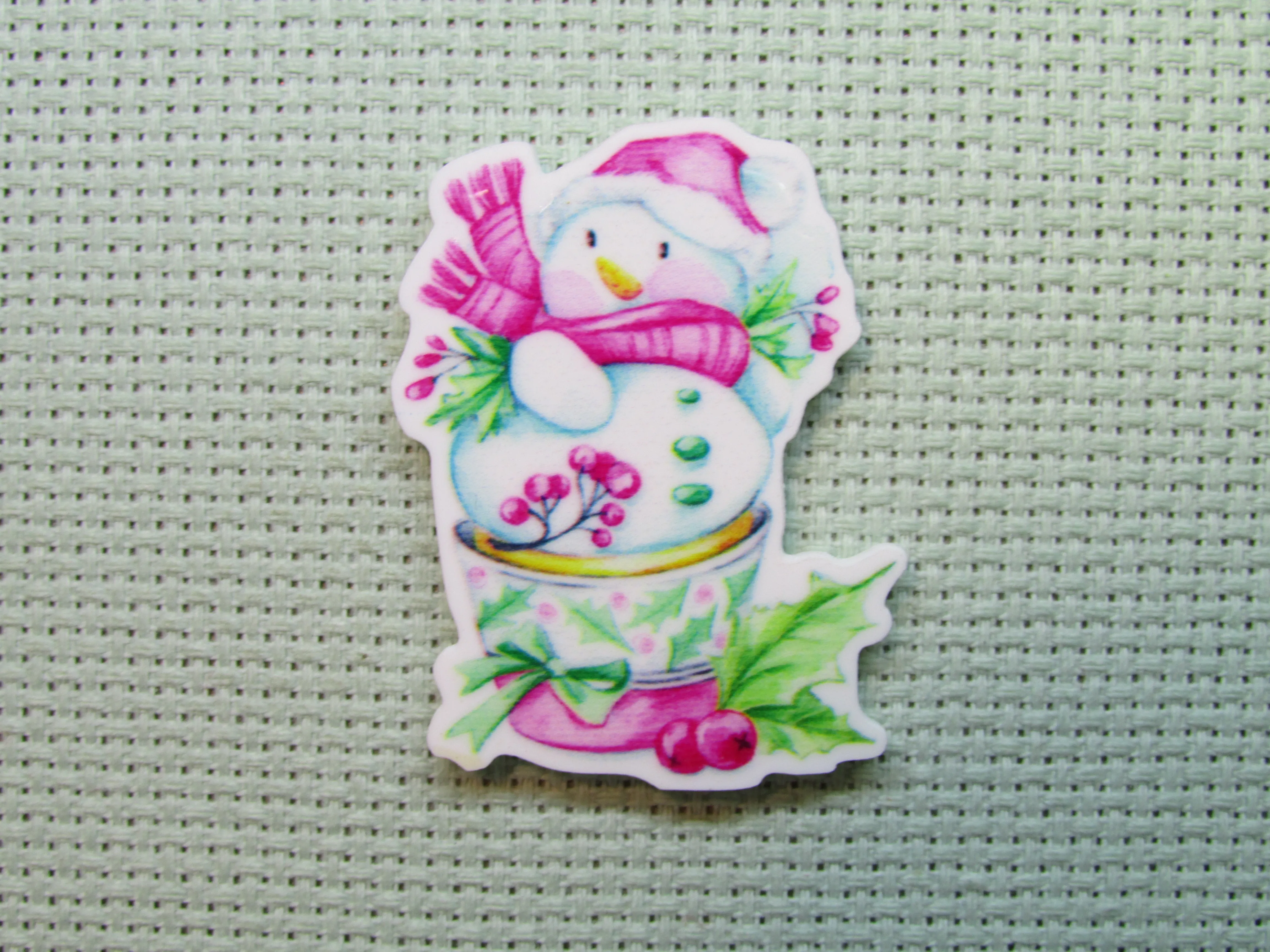 Beautiful Snowman in a Teacup Needle Minder, Cover Minder, Magnet