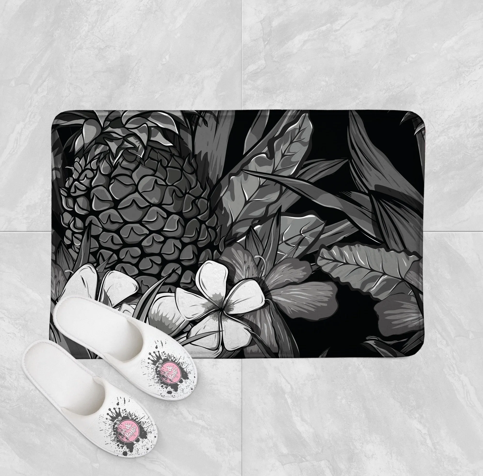 Black and White Tropical Pineapple Shower Curtains and Optional Bath Mats