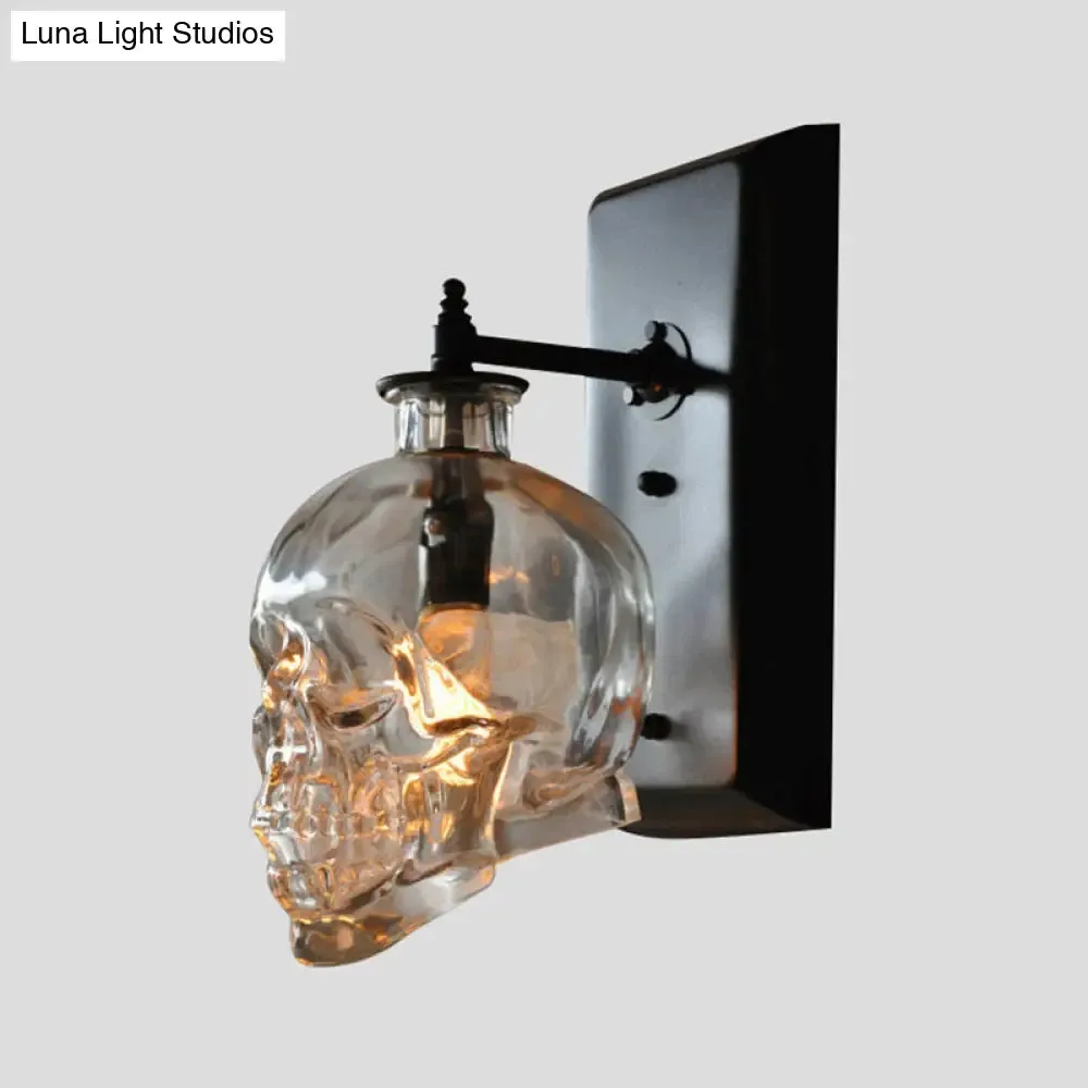 Black Skull Wall Mount Light Artistic Single-Bulb Clear Glass Wall Sconce for Corridor