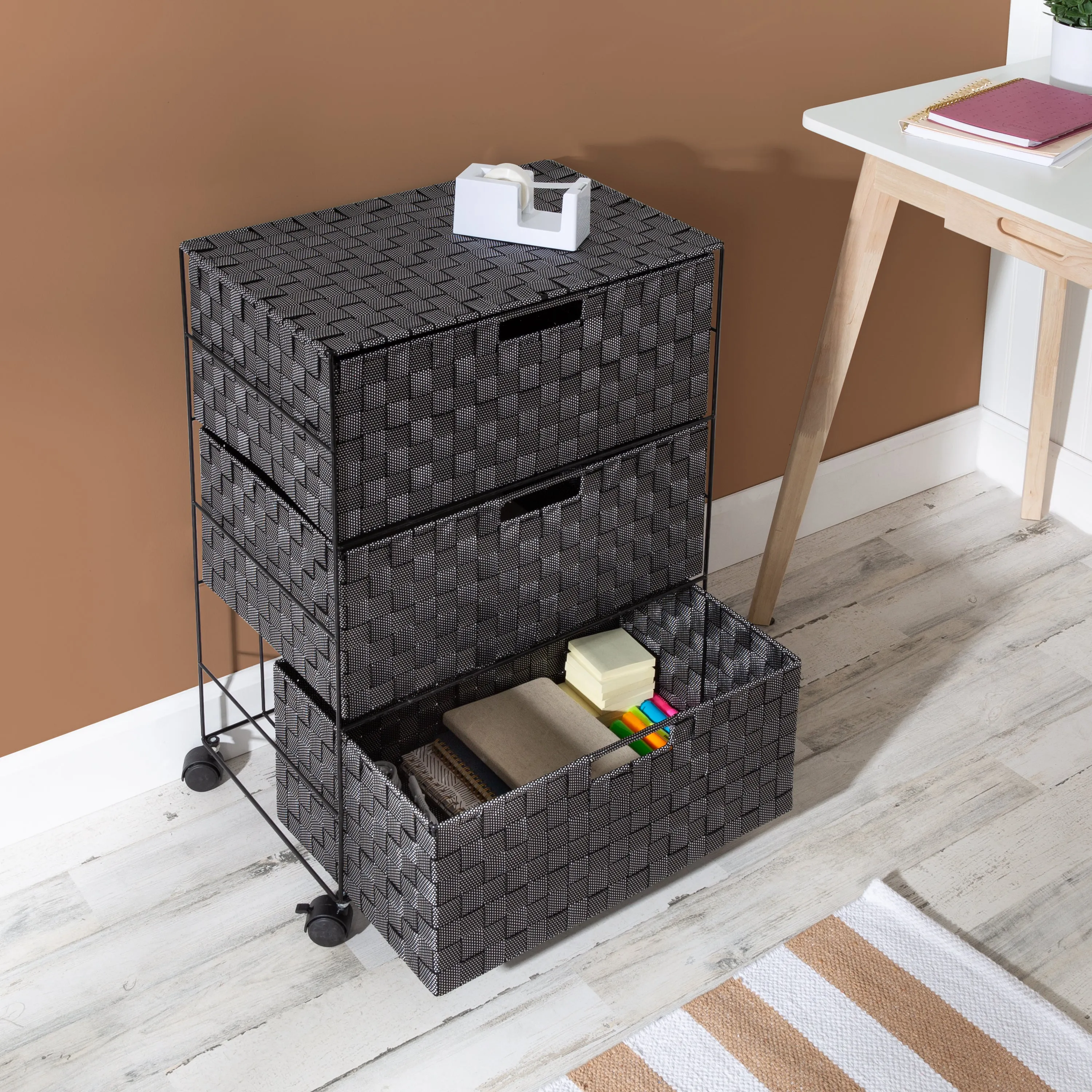 Black Woven 3-Drawer Rolling Office Organizer