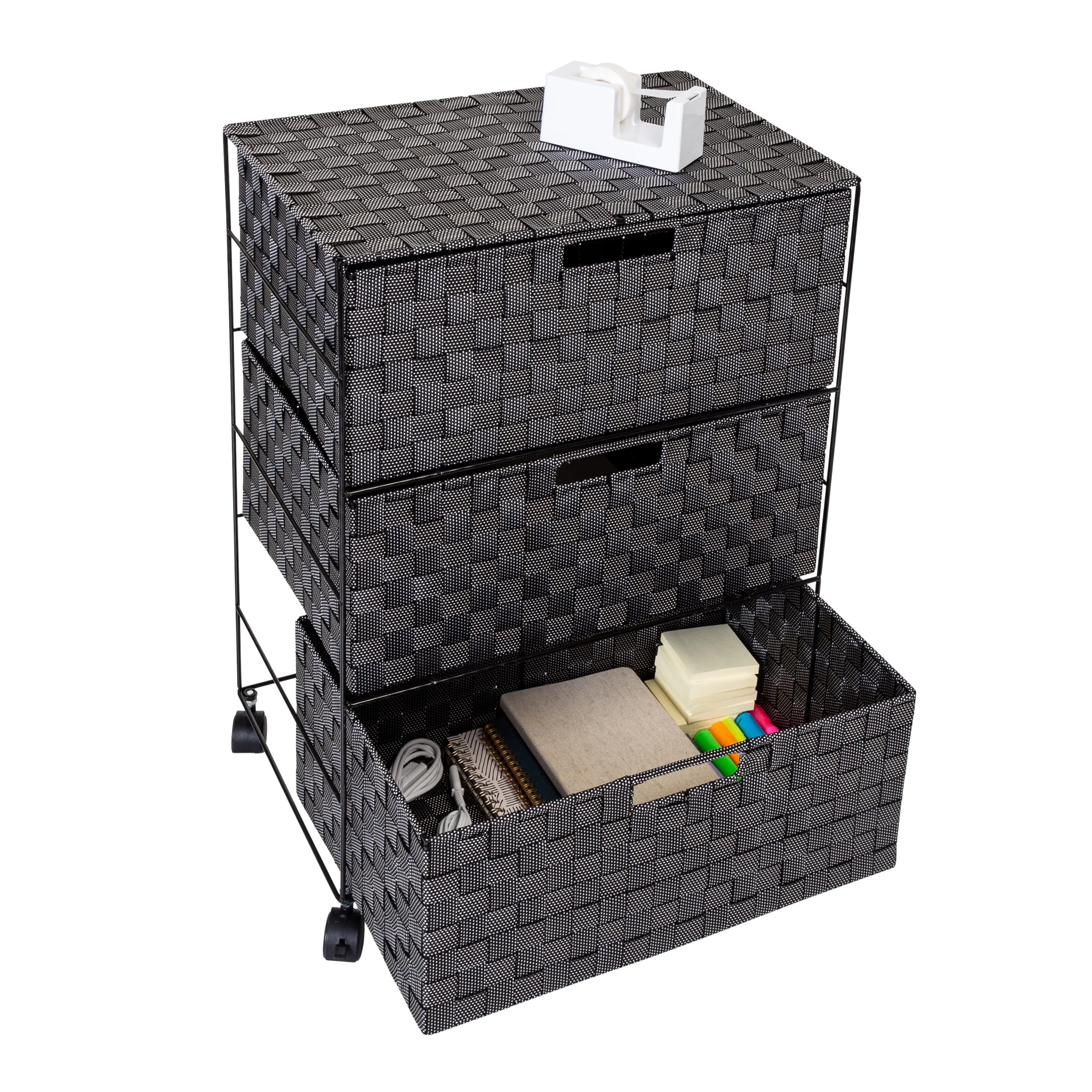 Black Woven 3-Drawer Rolling Office Organizer