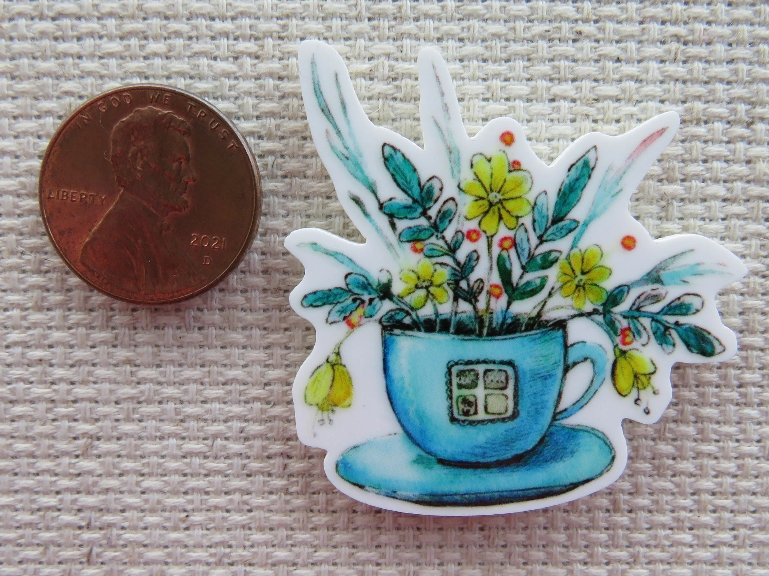 Blue Teacup with Yellow Flowers Needle Minder, Cover Minder, Magnet