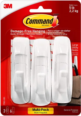 Command Large Utility Hook, White, 3-Hooks, 6-Strips (17003-3ES)