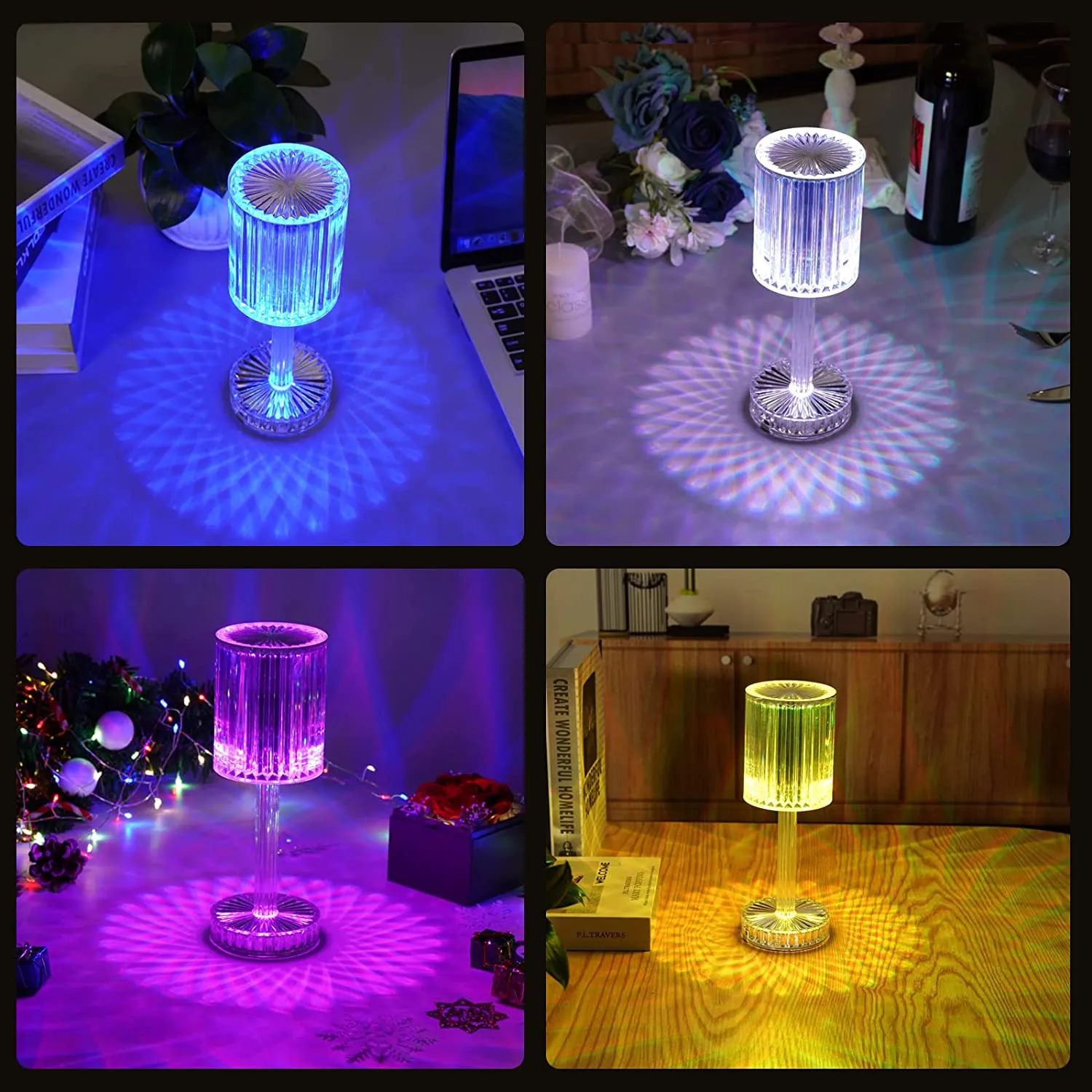 Crystal Table Lamp , Touch Control Atmosphere Nightstand Lamp With USB Charging Line