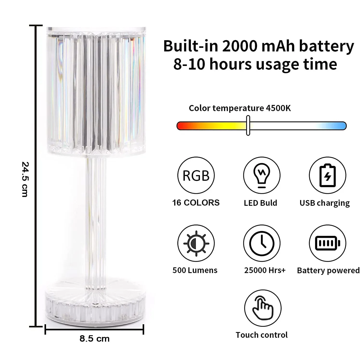 Crystal Table Lamp , Touch Control Atmosphere Nightstand Lamp With USB Charging Line