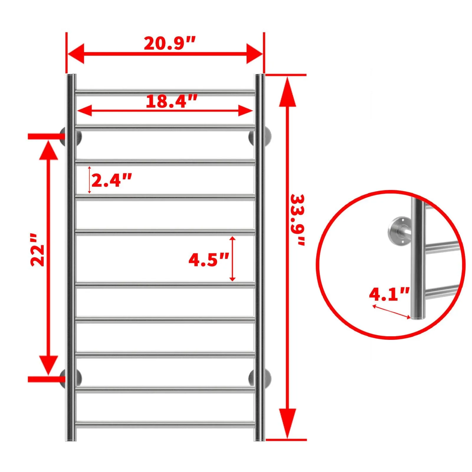 Deluxe Wall Mounted Electric Heated Towel Rack,  Bathroom Warmer & 10 Stainless Steel Bars