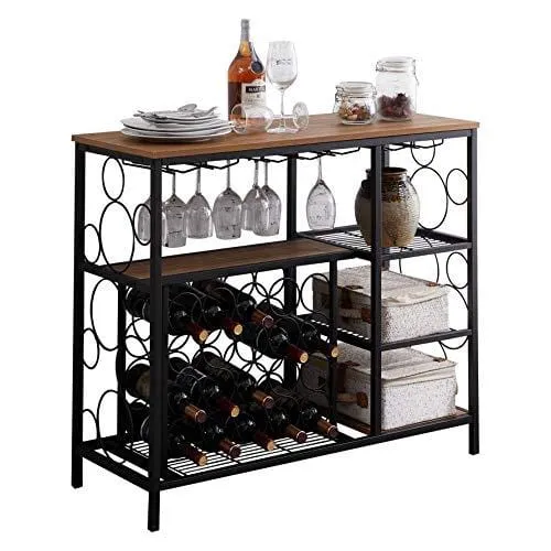 Hombazaar Industrial Wine Rack Table with Glass Holder and Wine Storage, Console Table with Wine Rack, Wine Bar Cabinet for Home Kitchen Dining Room, Brown