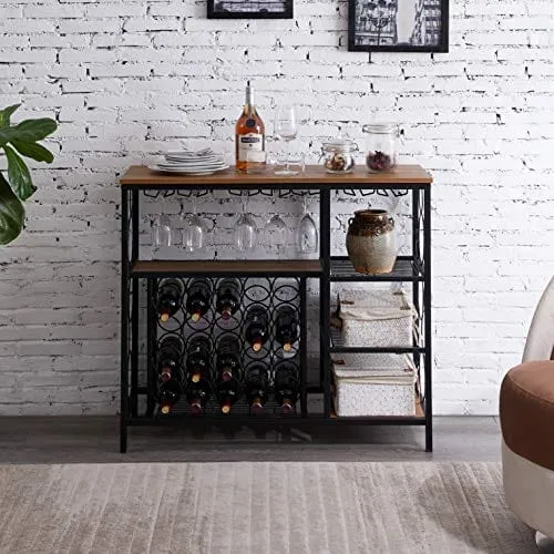 Hombazaar Industrial Wine Rack Table with Glass Holder and Wine Storage, Console Table with Wine Rack, Wine Bar Cabinet for Home Kitchen Dining Room, Brown