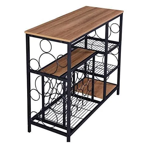 Hombazaar Industrial Wine Rack Table with Glass Holder and Wine Storage, Console Table with Wine Rack, Wine Bar Cabinet for Home Kitchen Dining Room, Brown