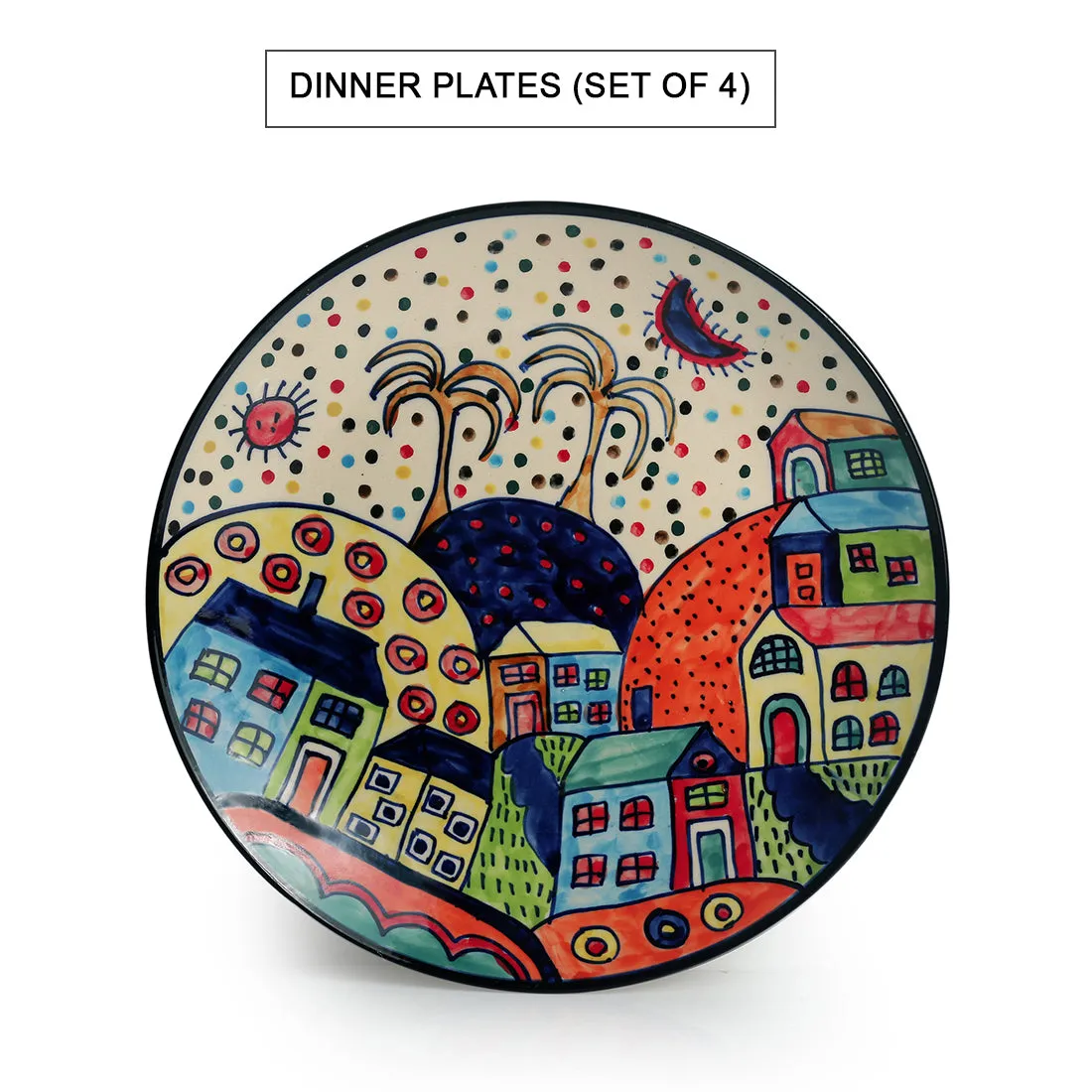 'Hut Dining' Handpainted Ceramic Dinner & Quarter Plates With Katoris (12 Pieces, Serving for 4)