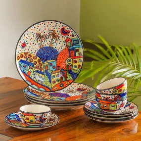 'Hut Dining' Handpainted Ceramic Dinner & Quarter Plates With Katoris (12 Pieces, Serving for 4)