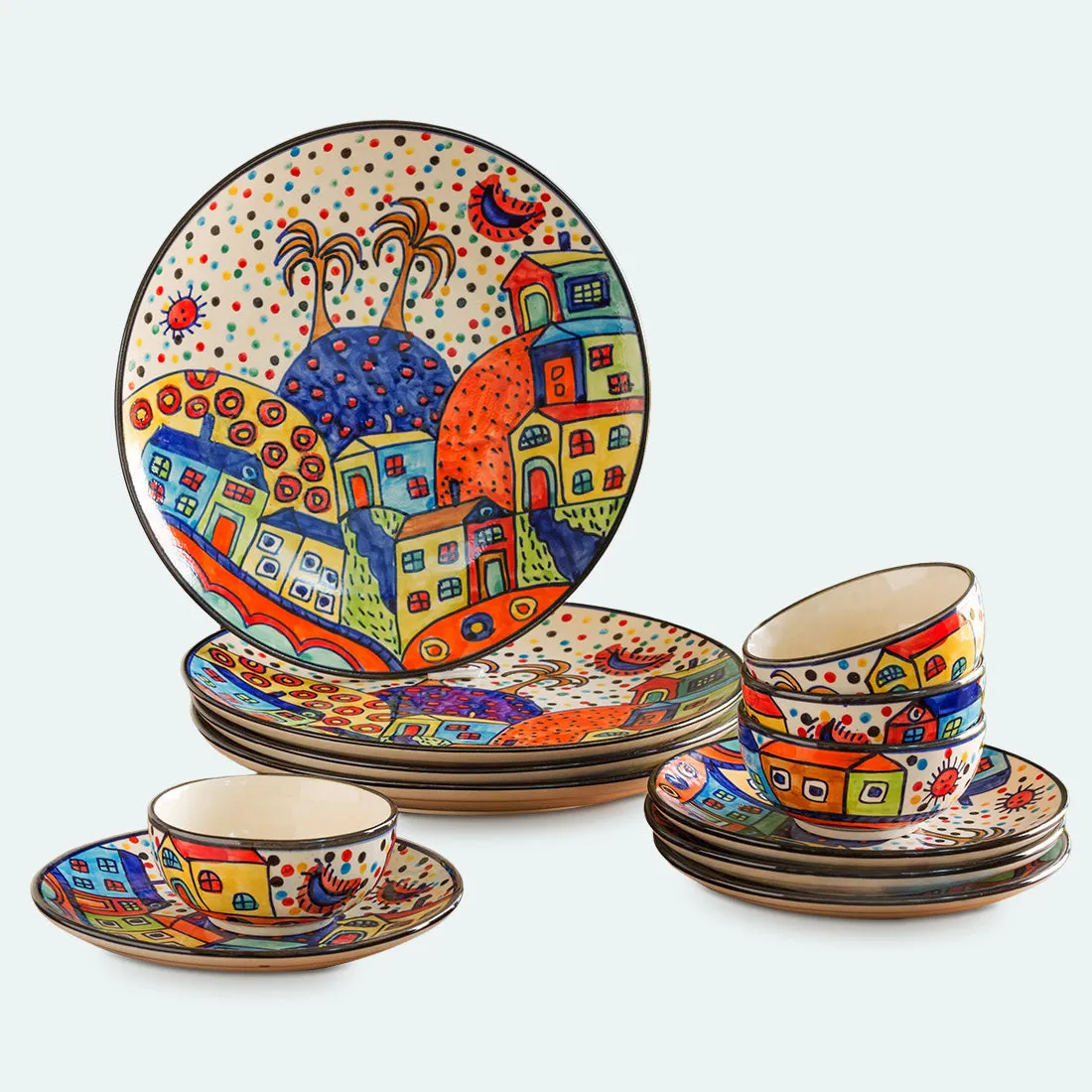 'Hut Dining' Handpainted Ceramic Dinner & Quarter Plates With Katoris (12 Pieces, Serving for 4)