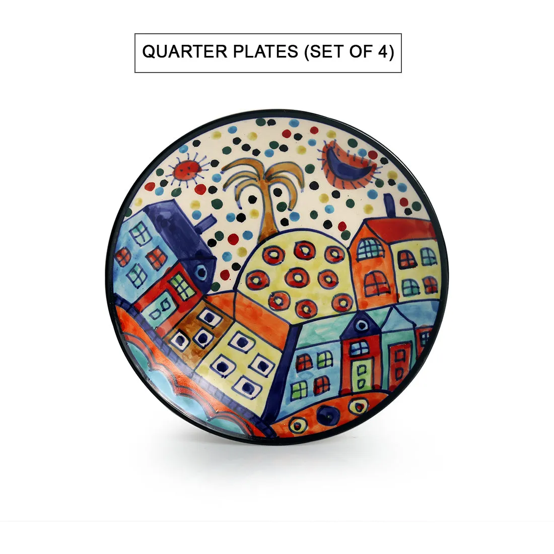 'Hut Dining' Handpainted Ceramic Dinner & Quarter Plates With Katoris (12 Pieces, Serving for 4)