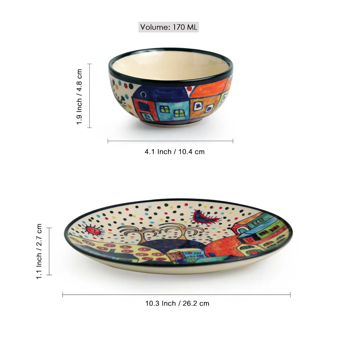 'Hut Dining' Handpainted Ceramic Dinner & Quarter Plates With Katoris (12 Pieces, Serving for 4)