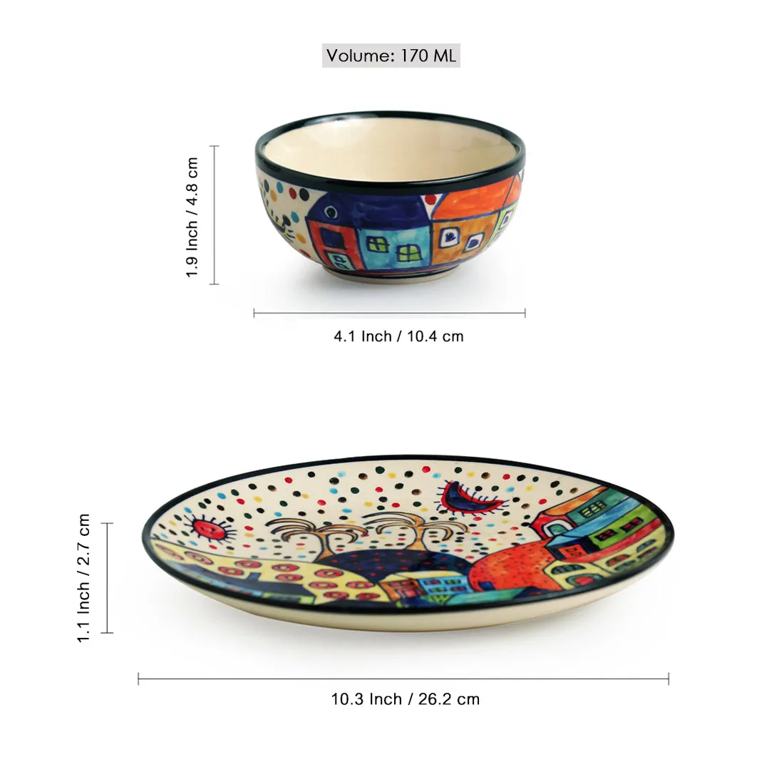 'Hut Dining' Handpainted Ceramic Dinner Plates With Katoris (8 Pieces, Serving for 4)