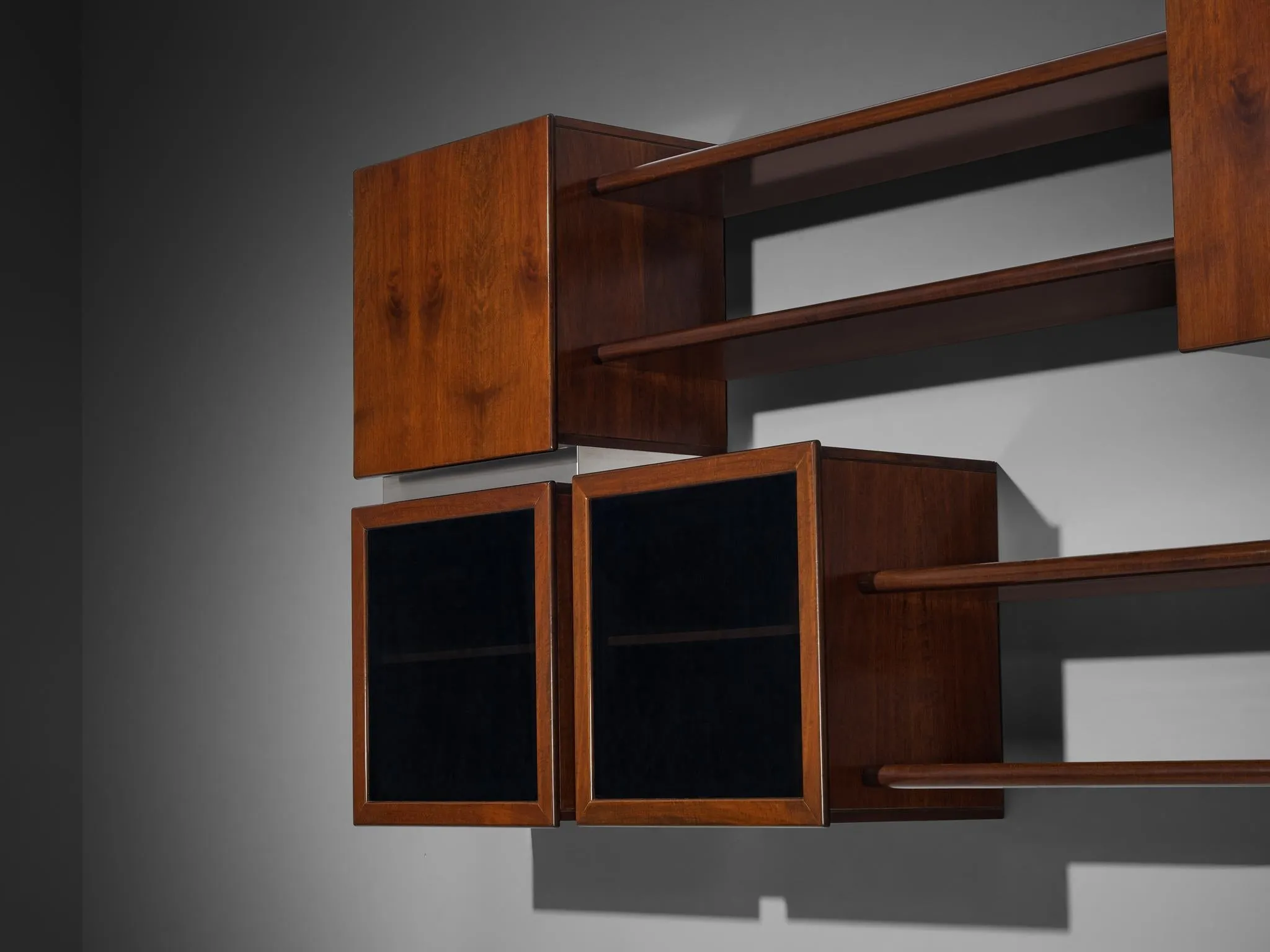 Italian Modular Shelving Wall Unit with Cabinets in Walnut Stainless Steel