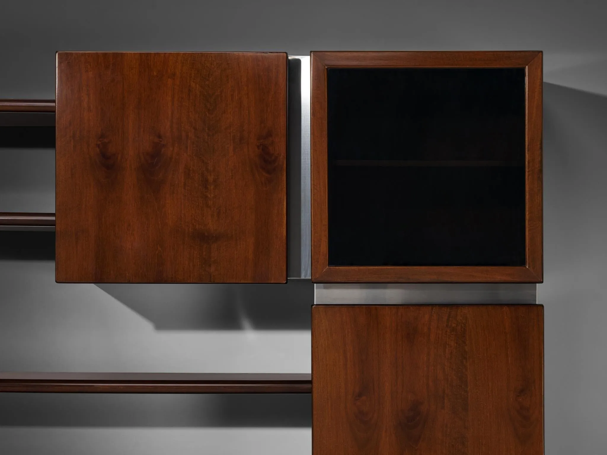 Italian Modular Shelving Wall Unit with Cabinets in Walnut Stainless Steel