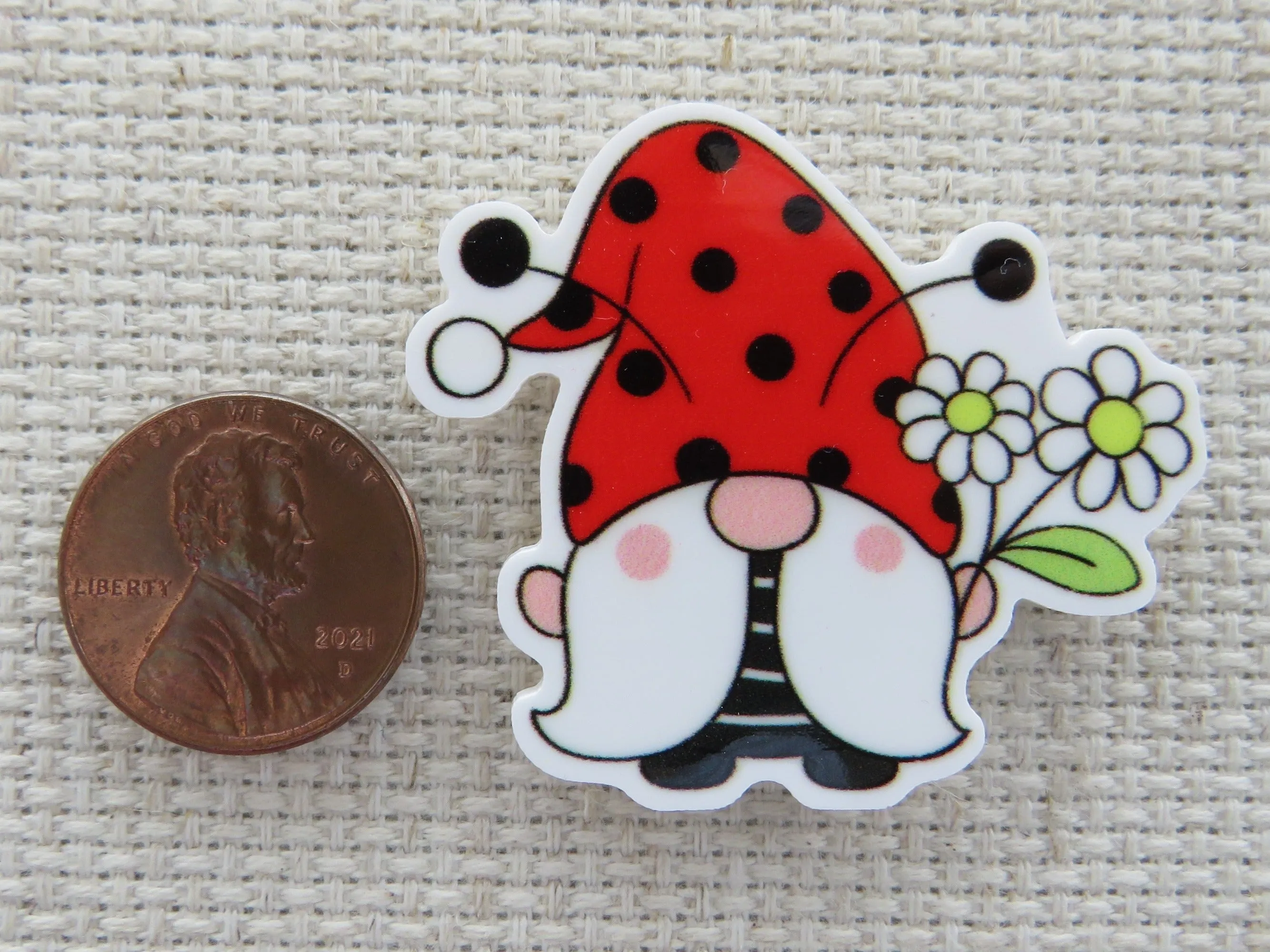 Ladybug Gnome with White Flowers Needle Minder, Cover Minder, Magnet