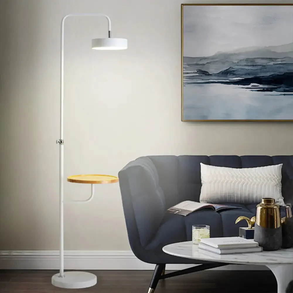 Minimalist LED Round Metal Floor Table Lamp with Angled Arm - White/Black, Ideal for Bedroom Lighting