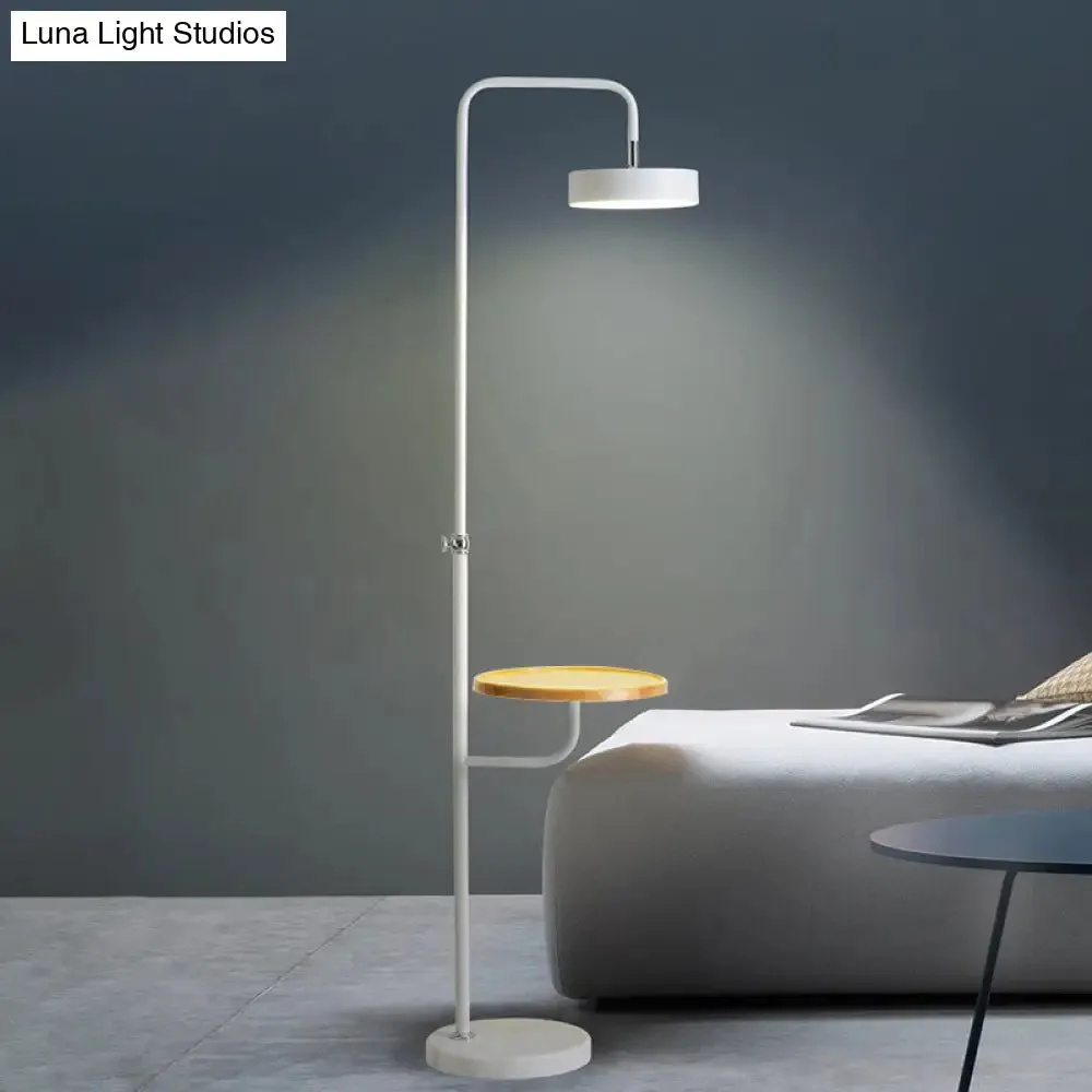 Minimalist LED Round Metal Floor Table Lamp with Angled Arm - White/Black, Ideal for Bedroom Lighting