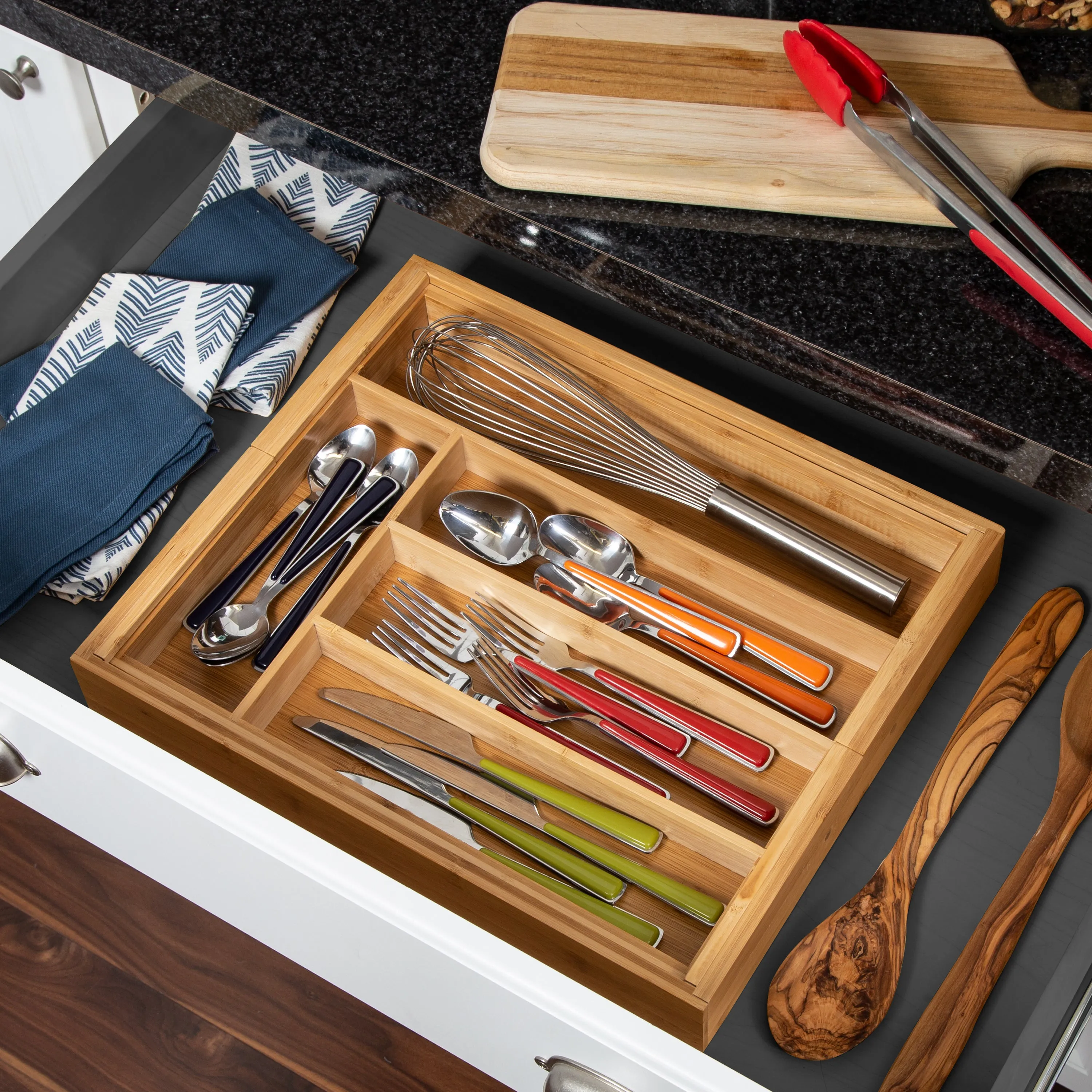 Natural Bamboo Expandable Kitchen Drawer Organizer