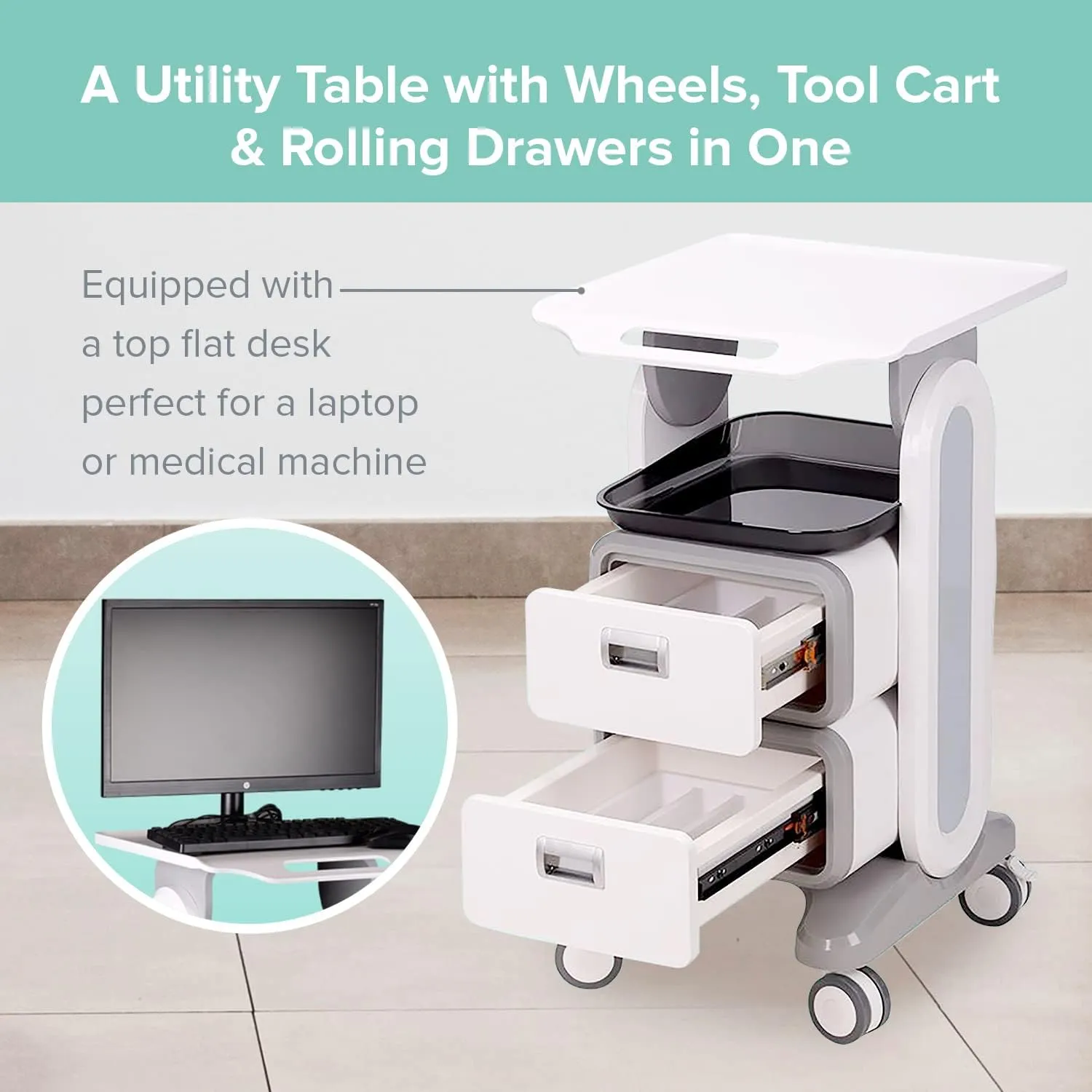 Professional Utility Cart with Wheels - Rolling Medical & Dental Office Cart with Drawers for Cavitation Machines, Esthetician Supplies, Lab Tools, & Salon Equipment