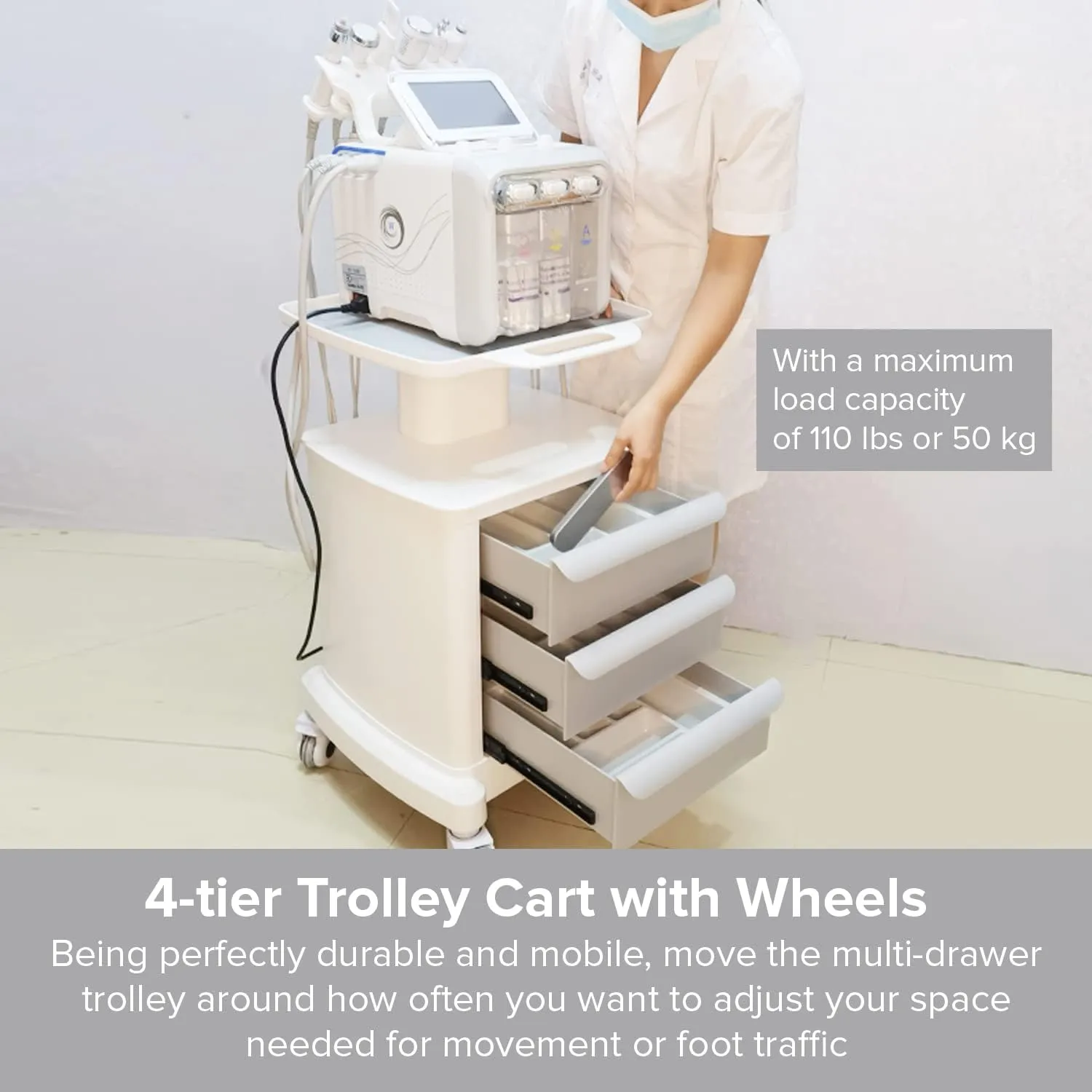 Professional Utility Cart with Wheels - Rolling Medical & Dental Office Cart with Drawers for Cavitation Machines, Esthetician Supplies, Lab Tools, & Salon Equipment