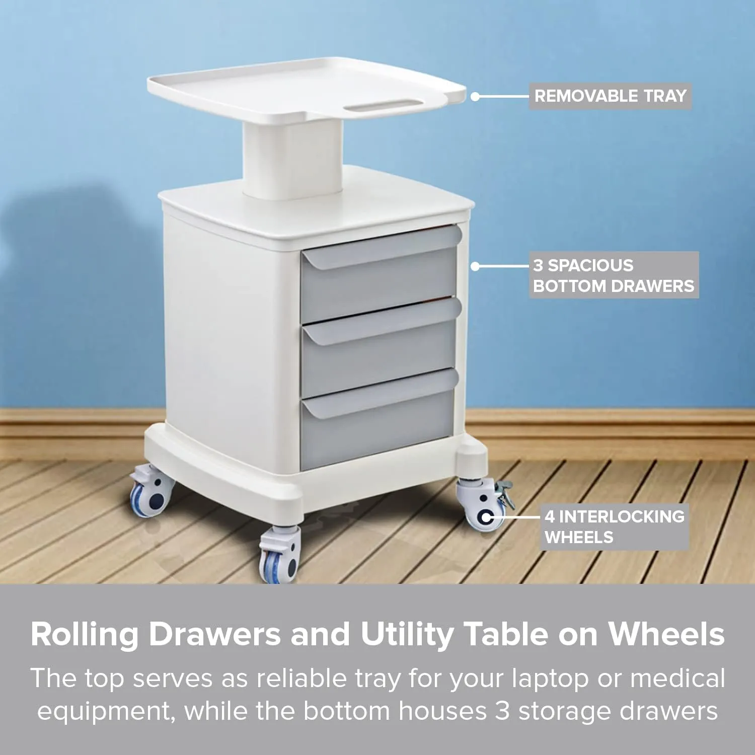 Professional Utility Cart with Wheels - Rolling Medical & Dental Office Cart with Drawers for Cavitation Machines, Esthetician Supplies, Lab Tools, & Salon Equipment