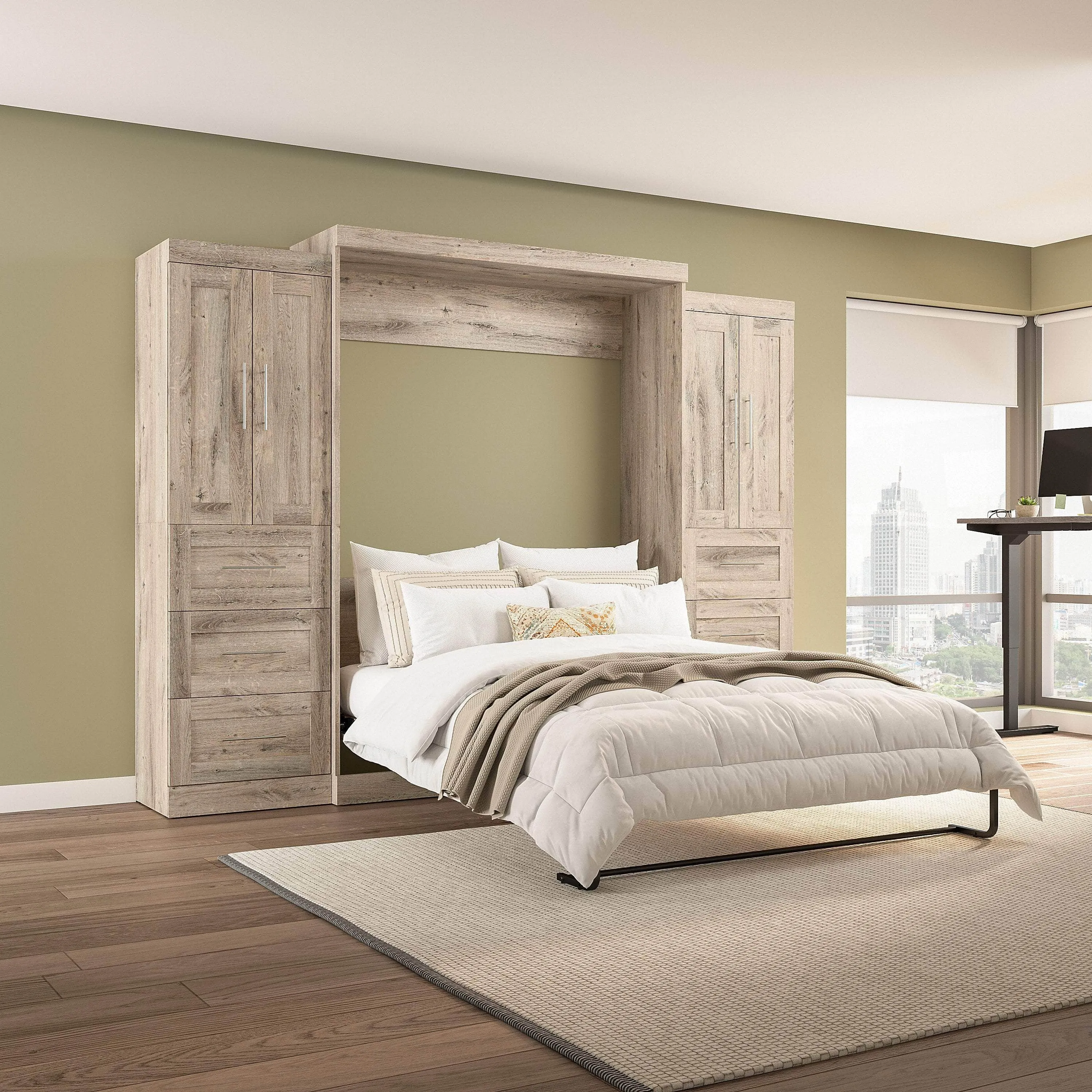 Pur Queen Murphy Wall Bed with Closet Storage Cabinets (115W) - Available in 7 Colours